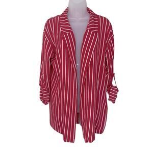 ACTIVE USA Women’s Dark Red Striped Open Front Rolled Sleeve Cardigan Blazer